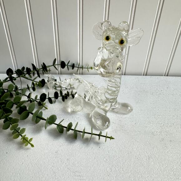 Vintage Art Glass Happy Dragon Figurine | Clear Glass Yellow Eyes | Handmade - Picture 1 of 9